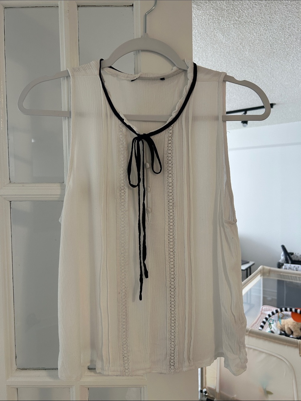 Women's Sleeveless Tie-Neck Blouse - White with Black Trim